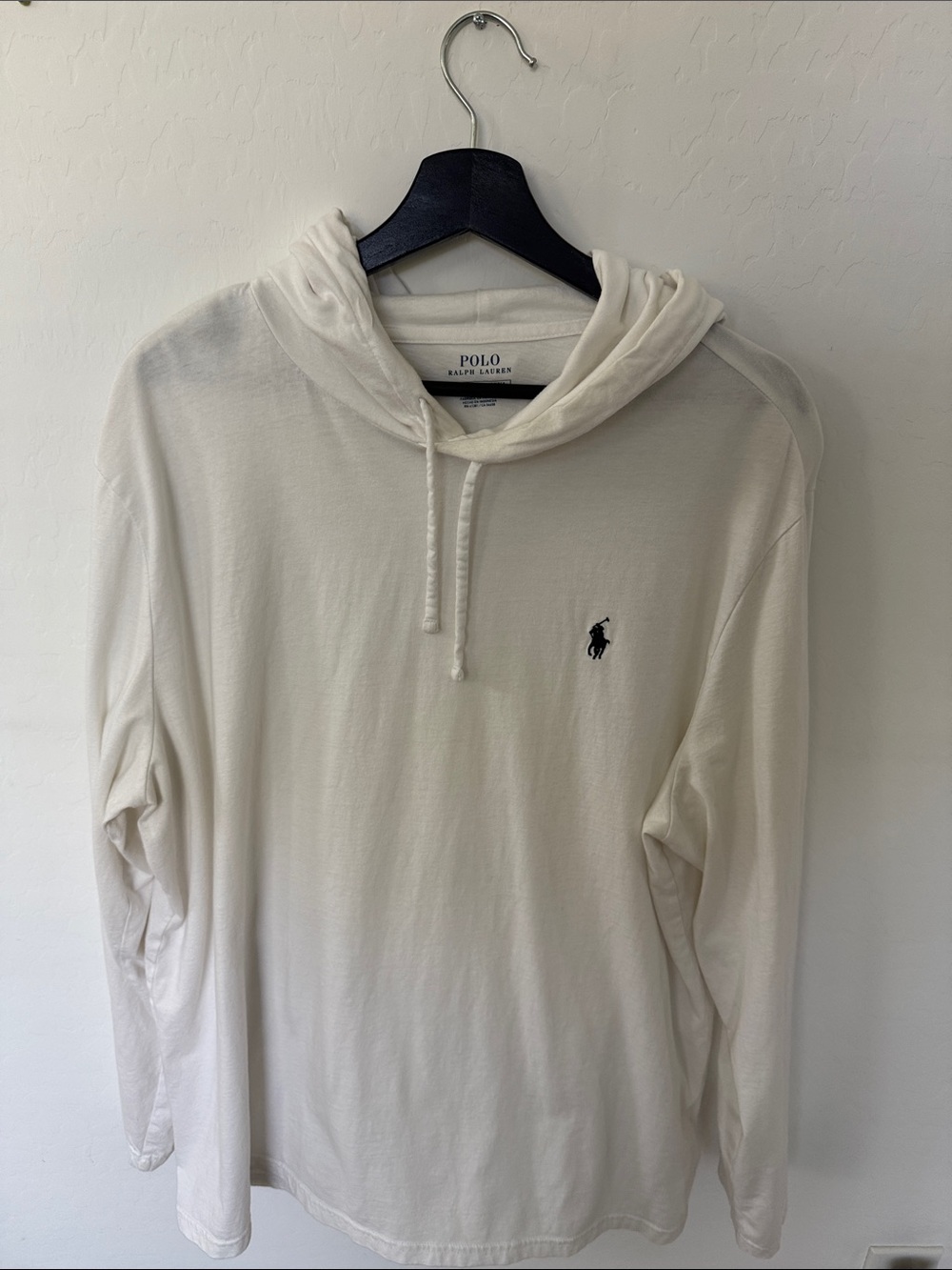 Polo by Ralph Lauren Men’s Cream Hooded Long Sleeve Tee with Embroidered Pony